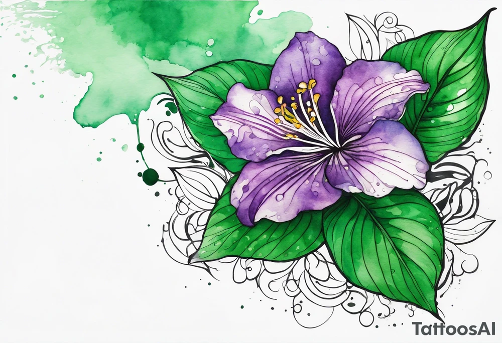 An outline of a green rio dipladenia flower and a green and purple watercolor splash in the background tattoo idea