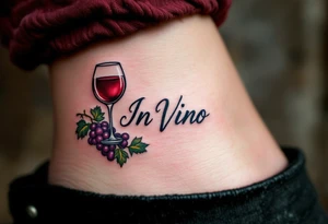 "In Vino Veritas" (In wine, there is truth), inked in a playful italic serif font, next to a realistic wine glass and grapevine, colored in deep burgundy, leaf green, and black linework. tattoo idea