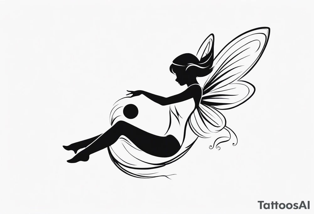 Minimalistic, monochromatic fairy with a tail flying to the left in a fetal position, leaning and looking in the same direction, with visible hands, embodying the 'Fairy Tail' logo aesthetic. tattoo idea