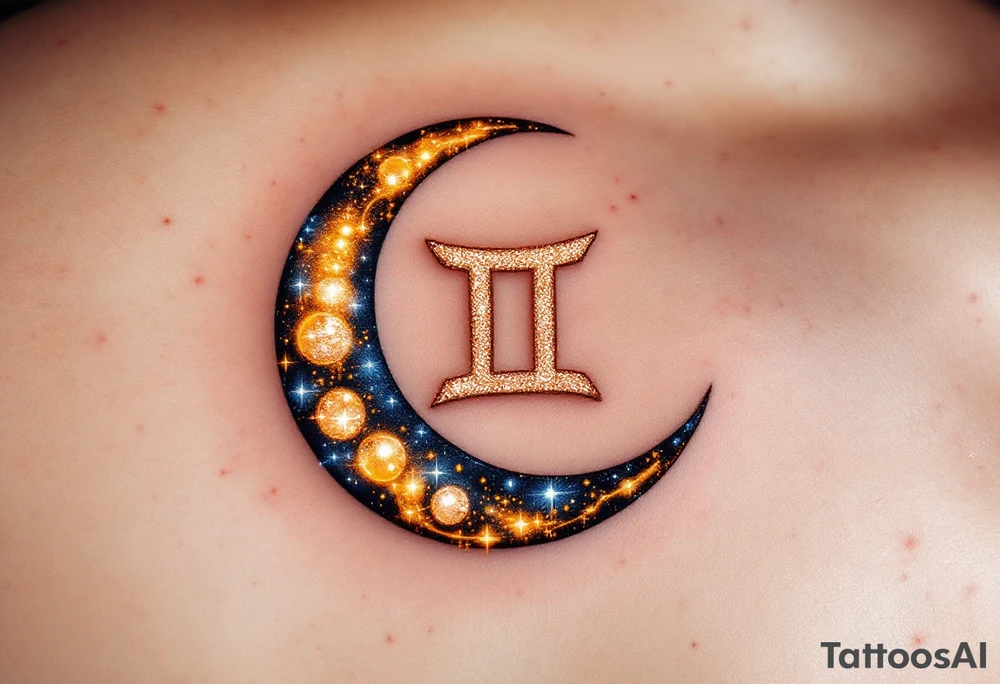 A crescent moon with a glowing Gemini symbol in the center, accented with oranges, blues, and shimmering whites. tattoo idea