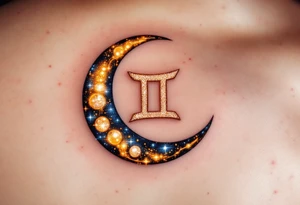 A crescent moon with a glowing Gemini symbol in the center, accented with oranges, blues, and shimmering whites. tattoo idea
