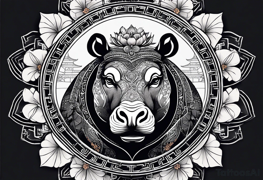 Very asymmetrical, +geometric pattern, with realistic full moon, with serious looking hippo, +zen feel, + Buddhism touch, +tribal, +geometric, +chinese inkart 
with wintersweet flower bud, +portrait orientation, +inkart touch, tattoo idea