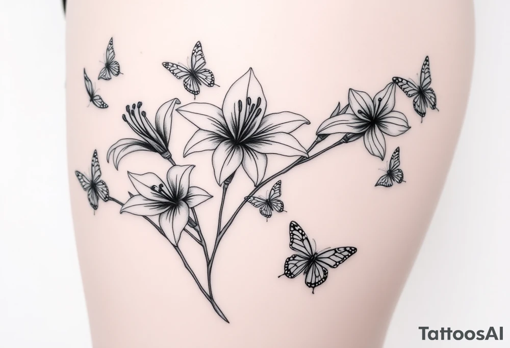 5 to 7 lily blooms in a natural stager with 2 that have petals floating off that gradually dissolve into butterflies in various stages of flight tattoo idea