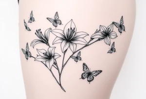 5 to 7 lily blooms in a natural stager with 2 that have petals floating off that gradually dissolve into butterflies in various stages of flight tattoo idea