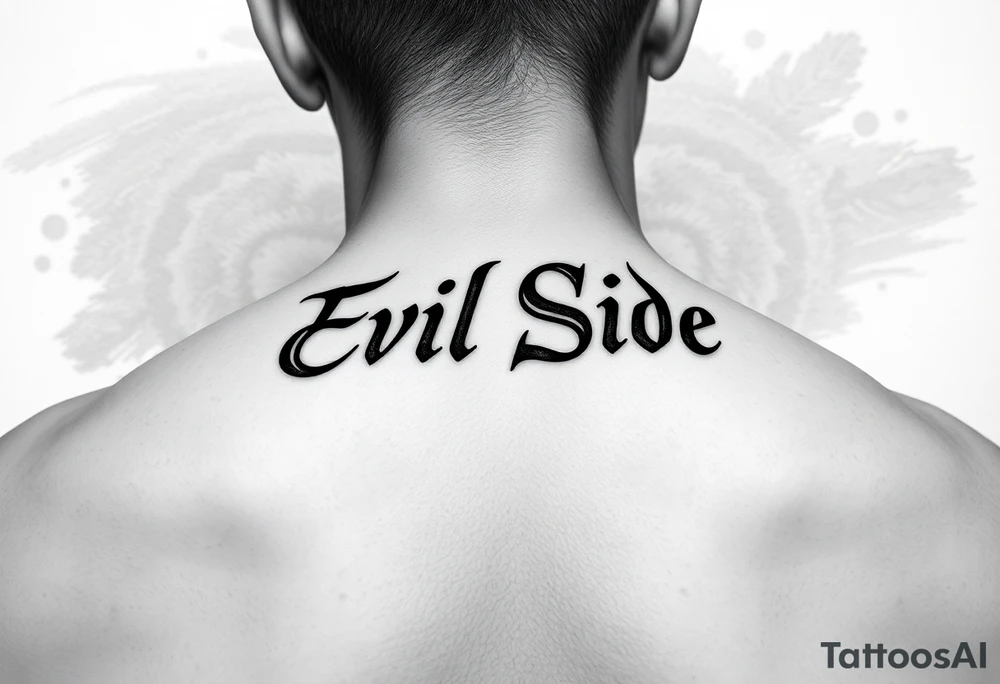 Bold cover up saying Evil Side from ear to ear on neck black and white tattoo idea