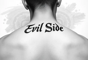 Bold cover up saying Evil Side from ear to ear on neck black and white tattoo idea