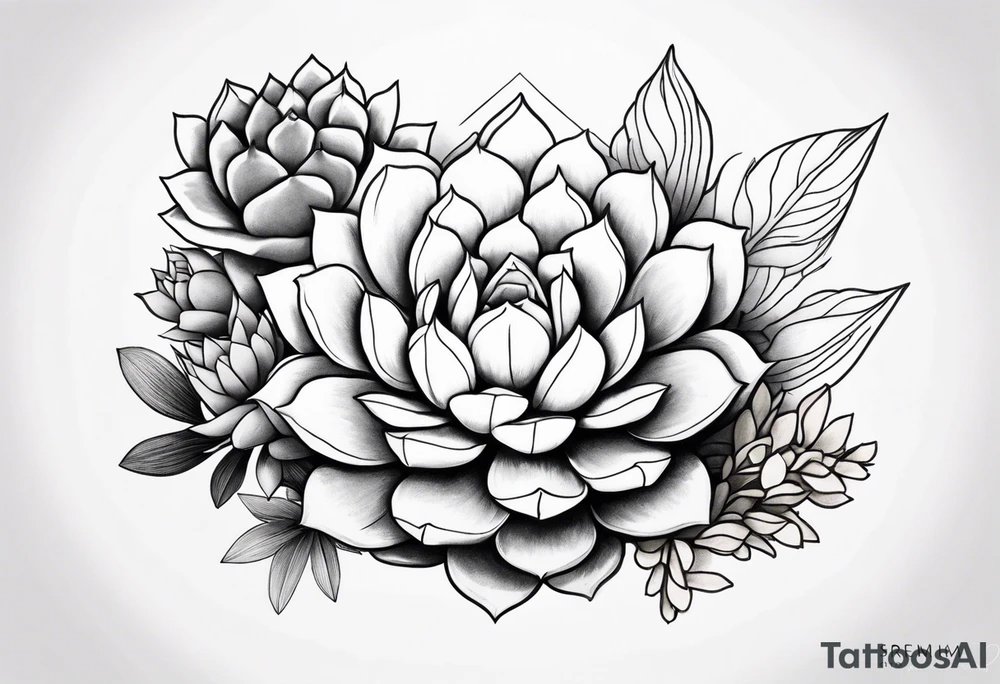 fine line. one big succulent in the middle. Two smaller succulents on the side. Dots and floral
. Sternum tattoo grey scale shading tattoo idea