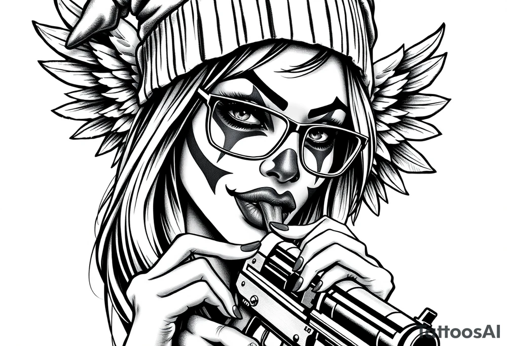 Chicana beautiful long hair clown makeup angel wings thug beanie eyeglasses licking a gun tattoo idea