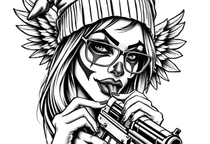 Chicana beautiful long hair clown makeup angel wings thug beanie eyeglasses licking a gun tattoo idea