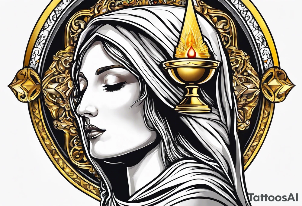 holy saint woman turned away with golden halo holding a chalice tattoo idea