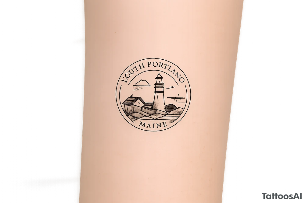 South Portland maine city circular symbol with lighthouse on it tattoo idea