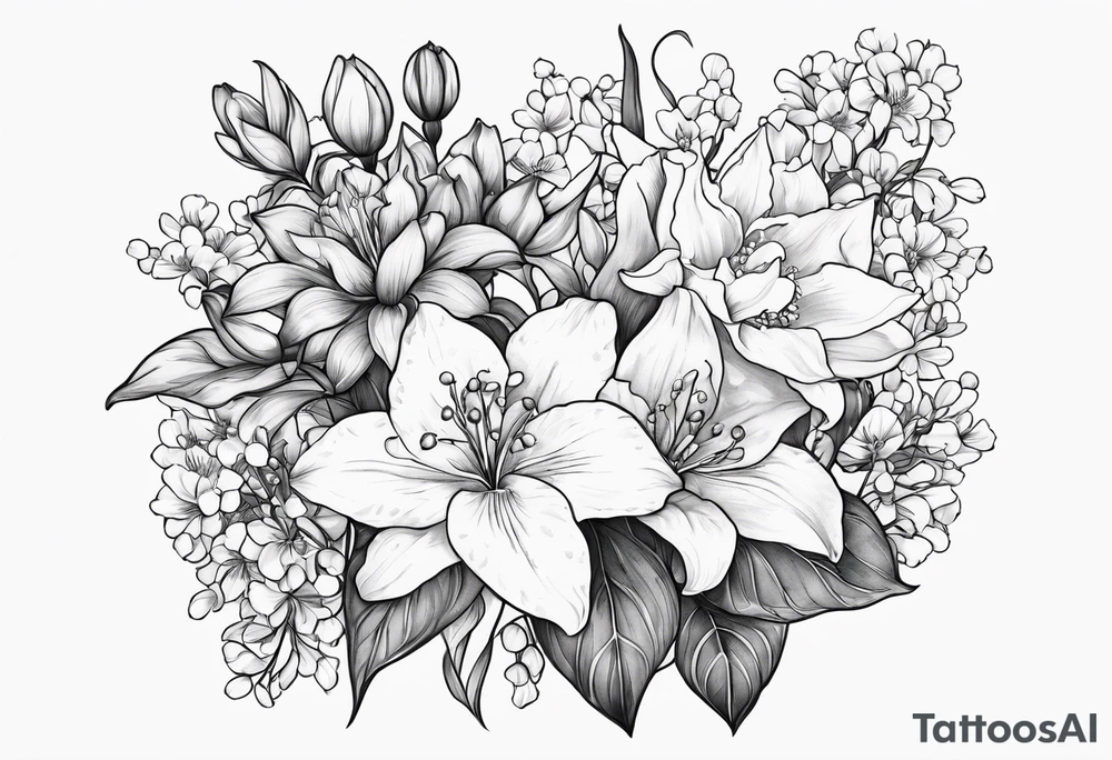 Big Larkspur and Lily of the valley flowers surrounded by water lilies, Hawthorne flowers, carnations, and snowdrop flowers tattoo idea