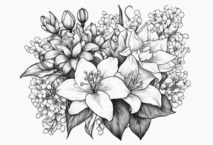 Big Larkspur and Lily of the valley flowers surrounded by water lilies, Hawthorne flowers, carnations, and snowdrop flowers tattoo idea