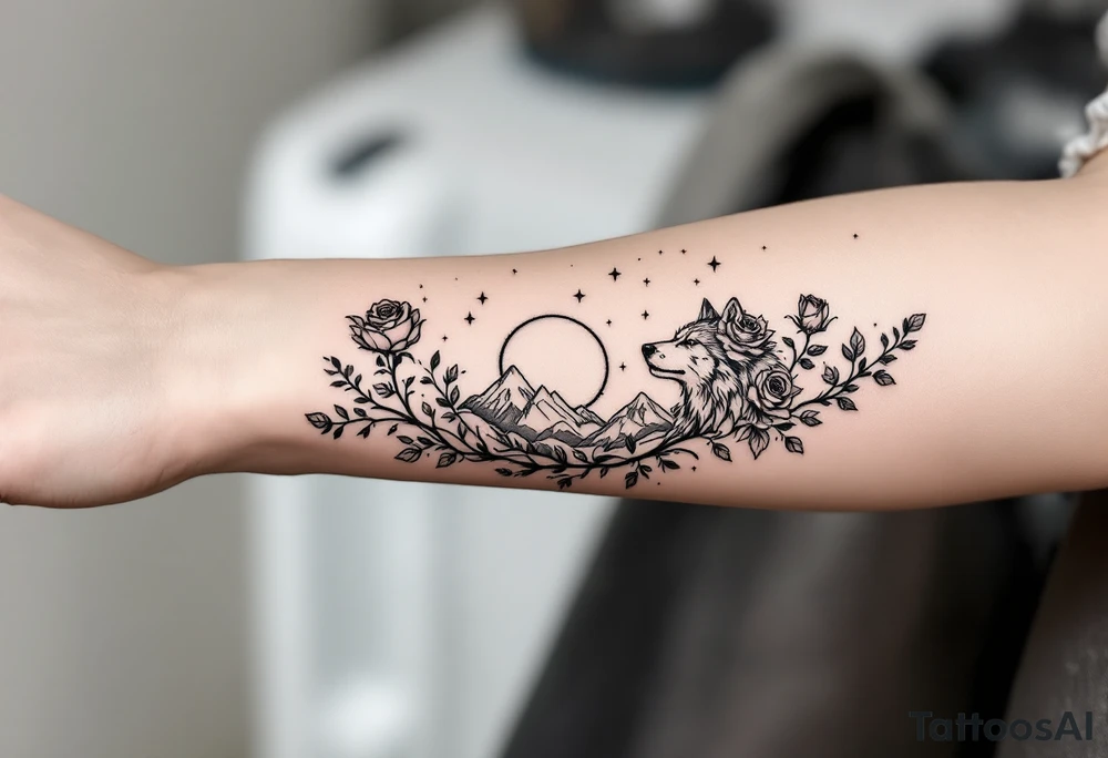 Rose vine with wolf, moon and stars mountains wrap tattoo idea