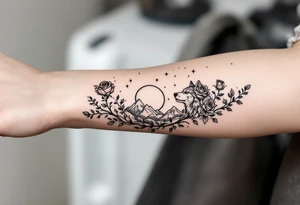 Rose vine with wolf, moon and stars mountains wrap tattoo idea