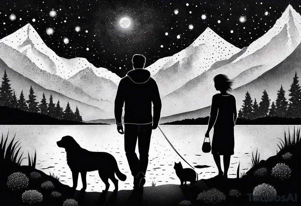 a night sky with leo and cancer constellation, mountains, a father and son with his dog and cat sitting by the water tattoo idea