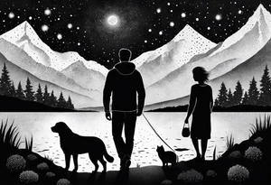 a night sky with leo and cancer constellation, mountains, a father and son with his dog and cat sitting by the water tattoo idea