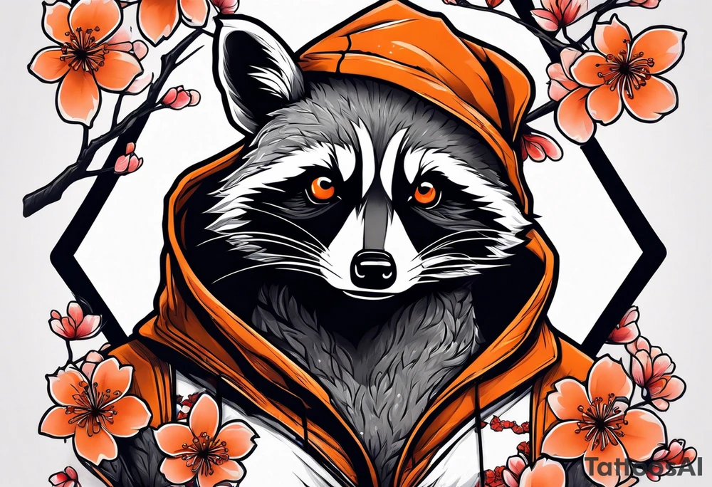 Raccoon wearing a white Superman logo on a black hoodie and orange Japanese cherry blossoms tattoo idea