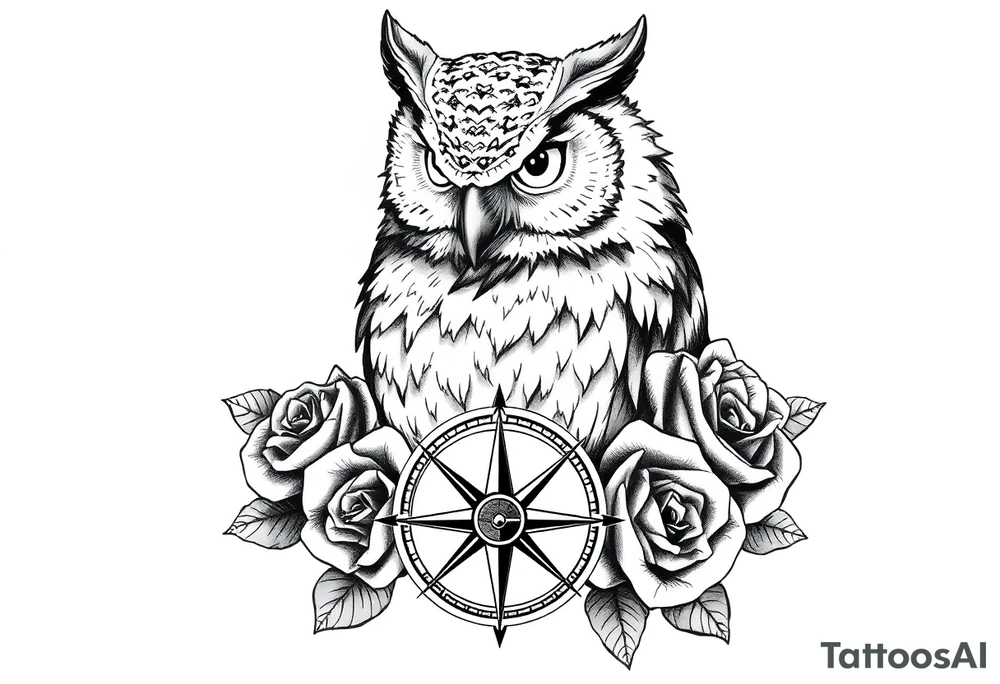 an owl,compass,roses, tattoo idea