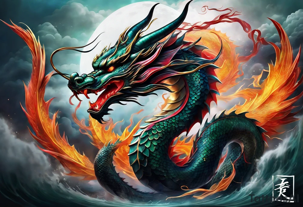 An epic floating asian dragon. Its long body coiling dynamically, with scales and horns detailed to create a sense of movement and strength. The dragon's color is giving a vibrant depth and a mystical aura. This tattoo highlights the dragon’s fierce expression and sharp claws. tattoo idea
