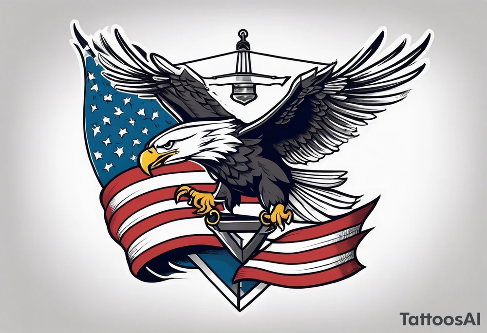 eagle flying holding navy anchor and American flag tattoo idea