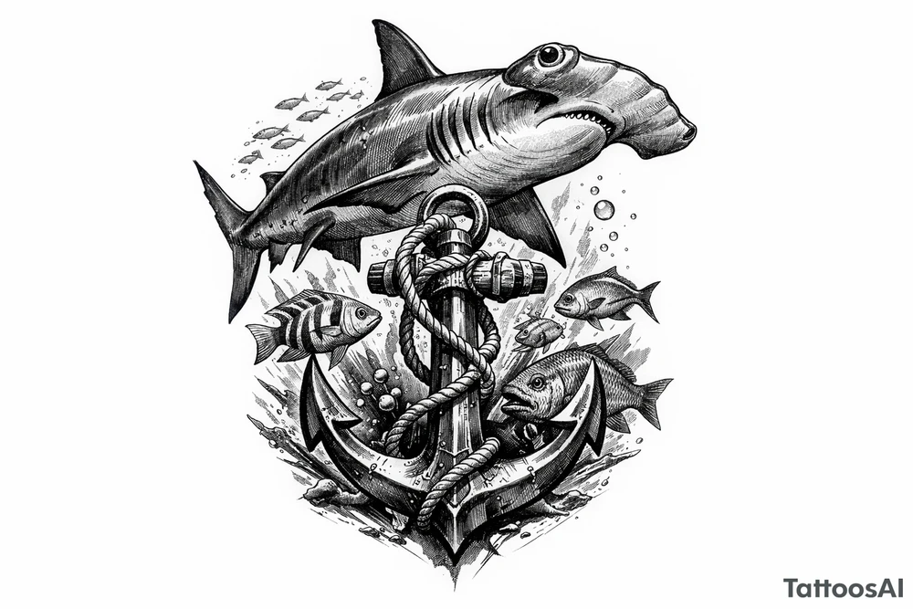 a hammerhead-shark, under it an anchor,fishes. tattoo idea