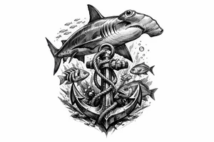 a hammerhead-shark, under it an anchor,fishes. tattoo idea