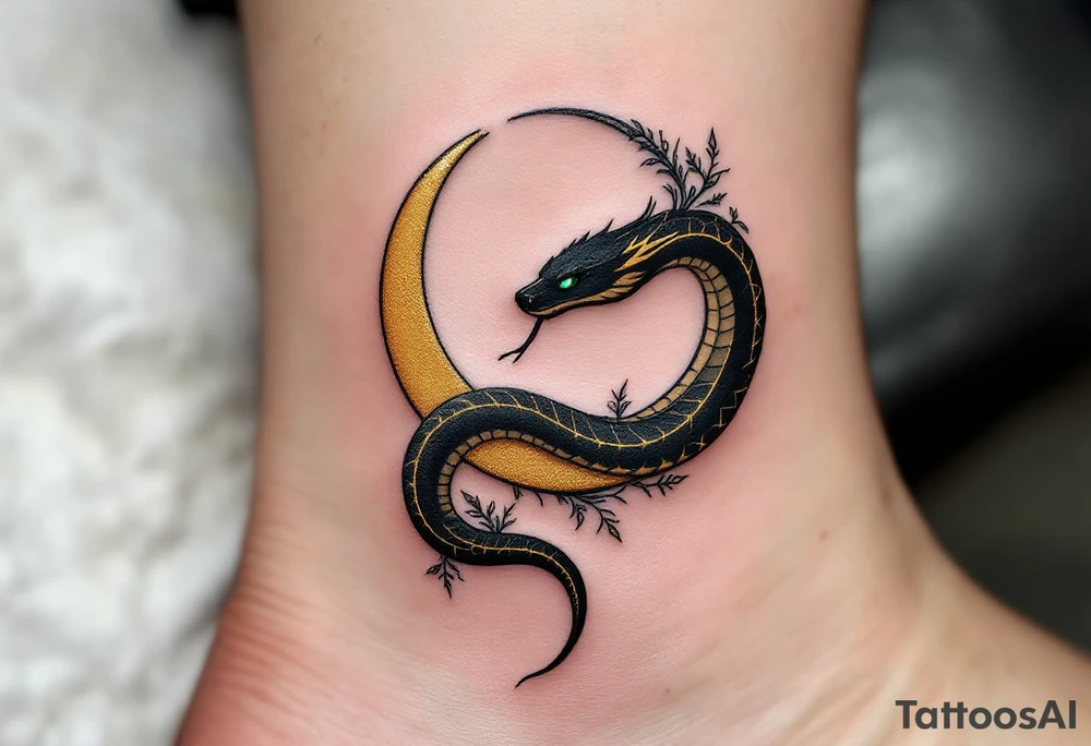 A sleek black and gold serpent, coiled elegantly around a crescent moon, with shimmering emerald-green eyes. Its scales are detailed with subtle iridescent highlights, and its tongue flickers as if whispering secrets. Delicate floral accents wrap around the tail, symbolizing transformation and rebirth. tattoo idea
