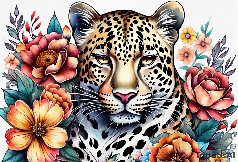whole leopard body made out of vintage floral flowers tattoo idea
