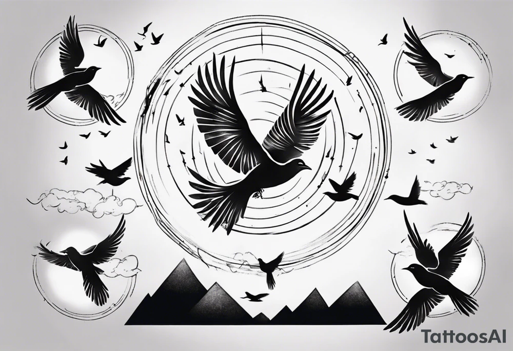 shoulder tattoo with light rays with birds flying free among the clouds, round shape, with gradient ends tattoo idea