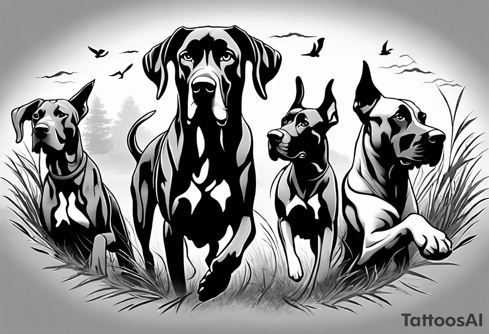full arm sleeve on guy with (4) Four Great Dane floppy ear dogs running together in the field along with other fill work tattoo idea