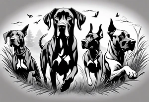 full arm sleeve on guy with (4) Four Great Dane floppy ear dogs running together in the field along with other fill work tattoo idea