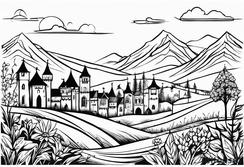 medieval tribal city 
floral  land  vignette tattoo idea