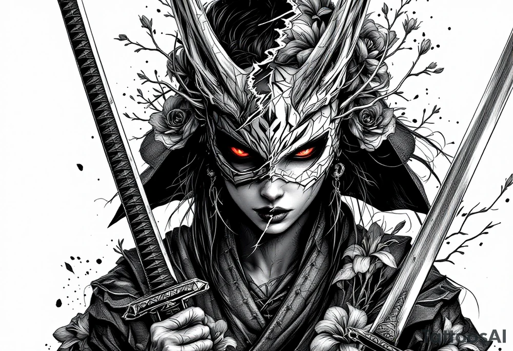 Woman samurai with red eyes wearing an half and broken kitsune mask, holding katanas and Iris flowers ornement tattoo idea