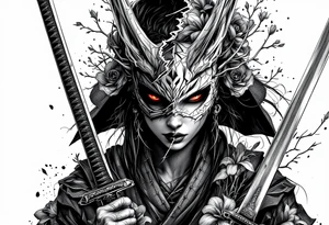 Woman samurai with red eyes wearing an half and broken kitsune mask, holding katanas and Iris flowers ornement tattoo idea
