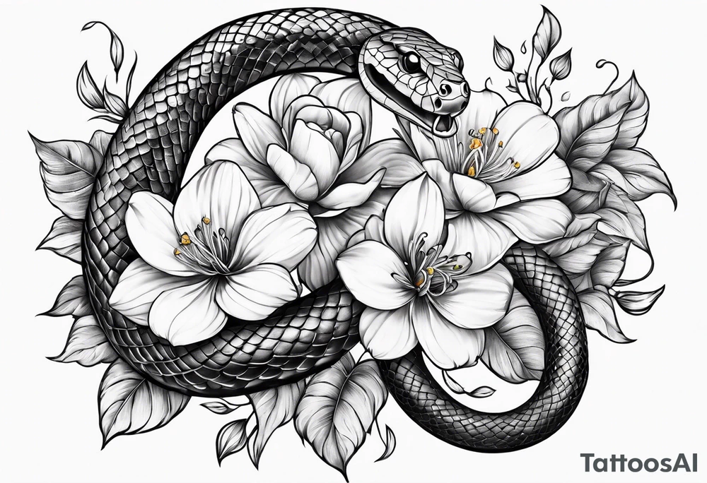 A snake wrapped around flowers tattoo idea