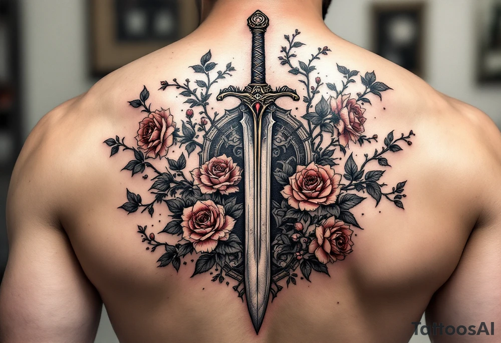 Power knight with sword with roses and cherry blossoms tattoo idea