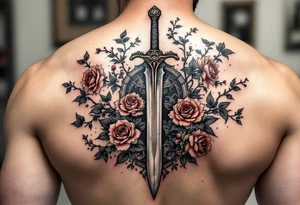 Power knight with sword with roses and cherry blossoms tattoo idea