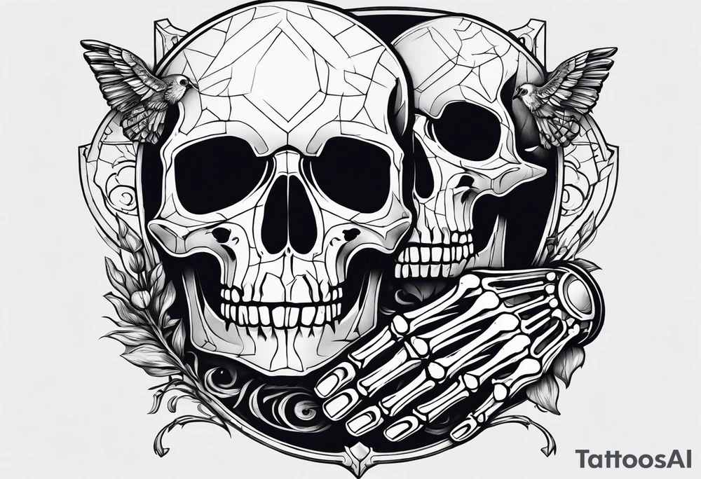 A skeleton hand interacting with a skull, either holding it or placed beside it, is a classic representation of mortality and the passage of time. tattoo idea