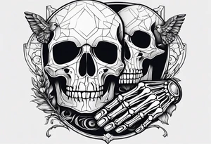 A skeleton hand interacting with a skull, either holding it or placed beside it, is a classic representation of mortality and the passage of time. tattoo idea