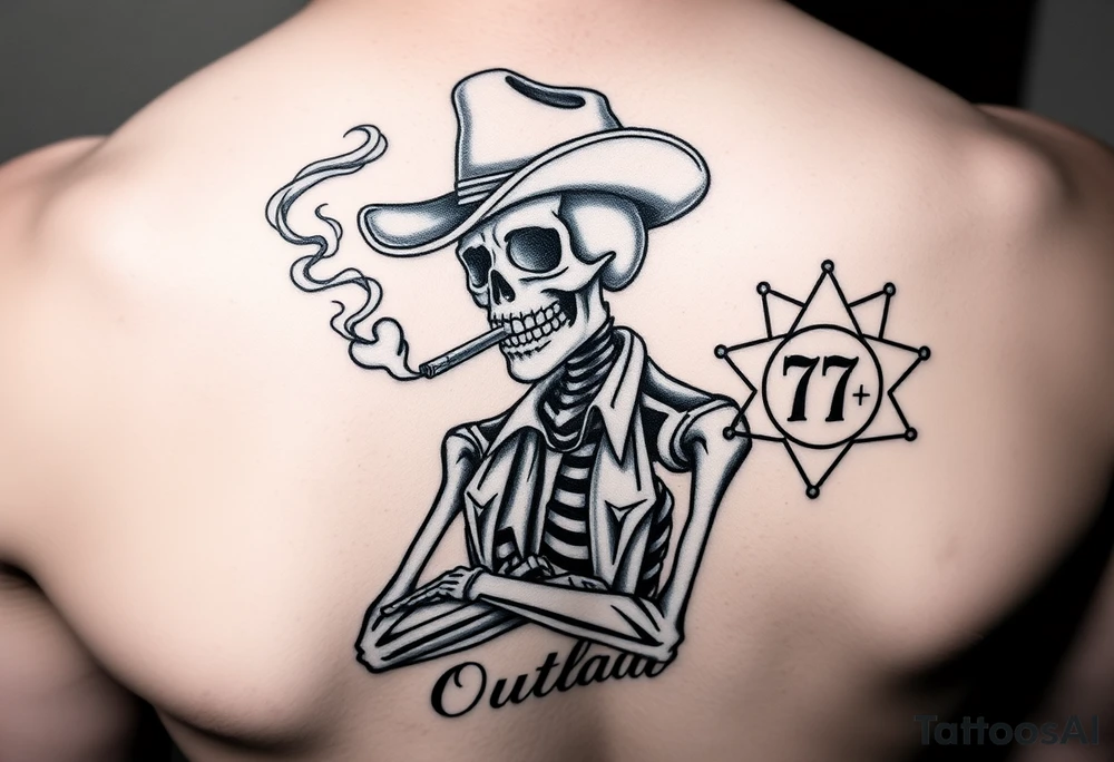 I have a skeleton cowboy smoking a cigarette with smoke that shapes into a heart. It says “wanted” above it and “outlaw” under it. I’d like a 777 slot and a sheriff badge in the background tattoo idea