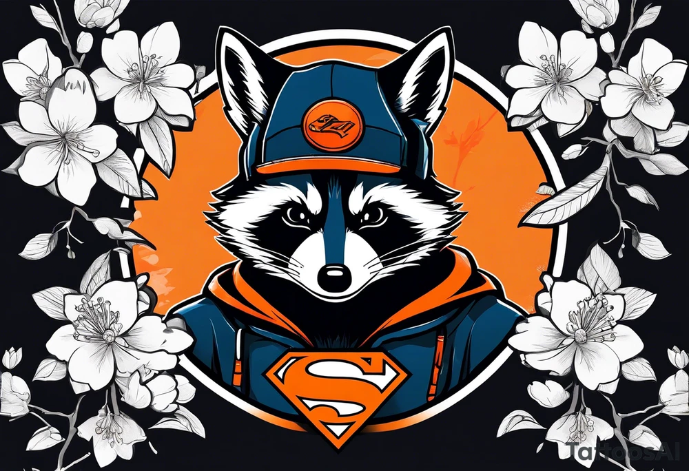 Raccoon wearing a white Superman logo on a black hoodie and orange Japanese cherry blossoms beside tattoo idea