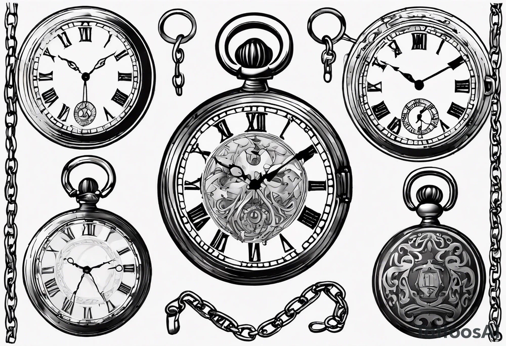 Pocket watch with chain, Roman numerals, date in Roman numerals inside timepiece, classic, elegant, traditional tattoo idea Pocket watch with chain, Roman numerals, date in Roman numerals inside timepiece, classic, elegant, traditional tattoo idea