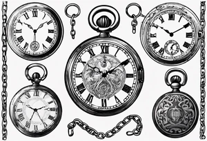 Pocket watch with chain, Roman numerals, date in Roman numerals inside timepiece, classic, elegant, traditional tattoo idea
