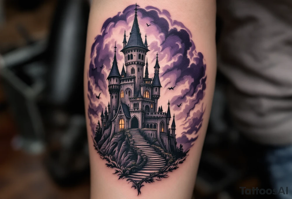 Tim Burton’s crooked castle rises under a thunderous sky in stormy grays and moody purple shadows tattoo idea