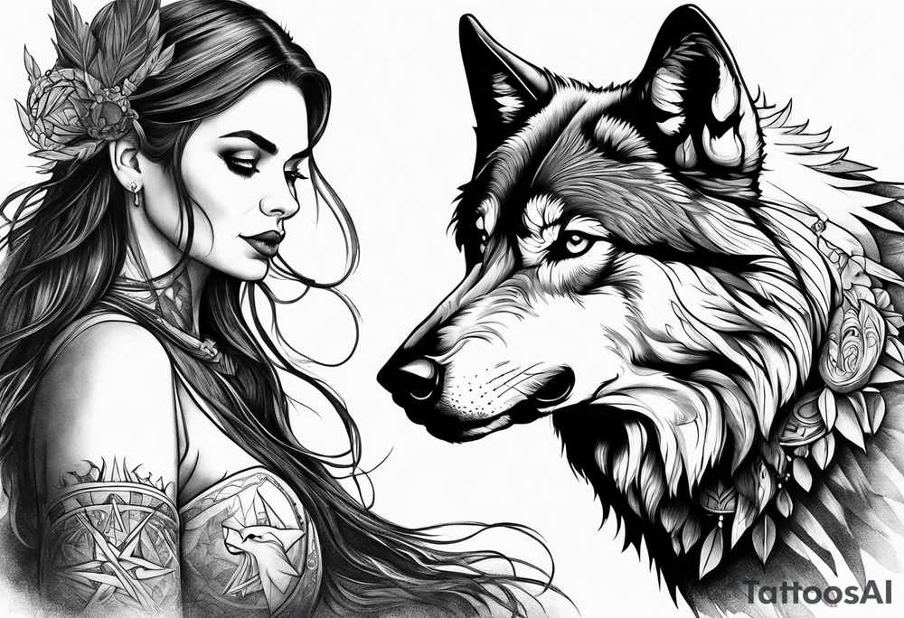 A Wolf with a witch and a raven tattoo idea