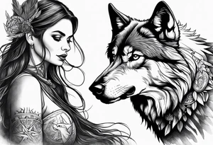 A Wolf with a witch and a raven tattoo idea