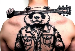 Panda bear wearing a denim vest, holding a bass guitar over his head tattoo idea