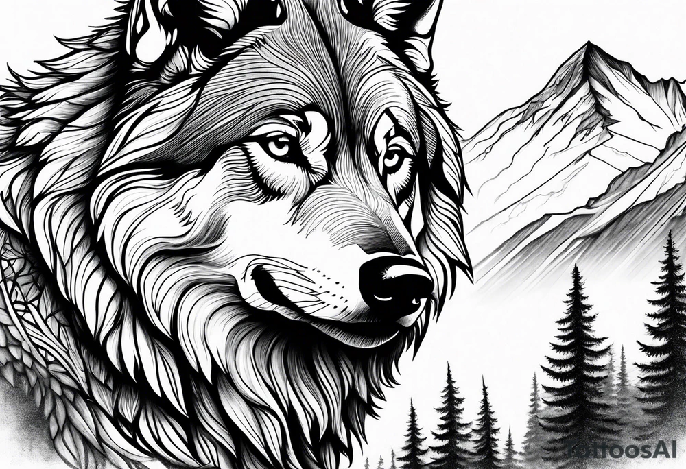 Mountains, wolf in it tattoo idea