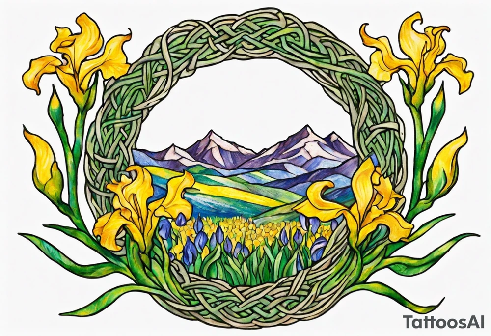 Create a small, thick, colorful Vincent van Gogh Irises tattoo, with vines in Celtic knots gracefully intertwining at a central point in the middle of the wreath. Inside the tattoo is mountains. The intended placement is on the upper chest. The overall design should be small in size while maintaining a delicate and artistic aesthetic. Pay attention to the graceful flow of the vines and the placement of the irises to achieve a refined and elegant look. tattoo idea